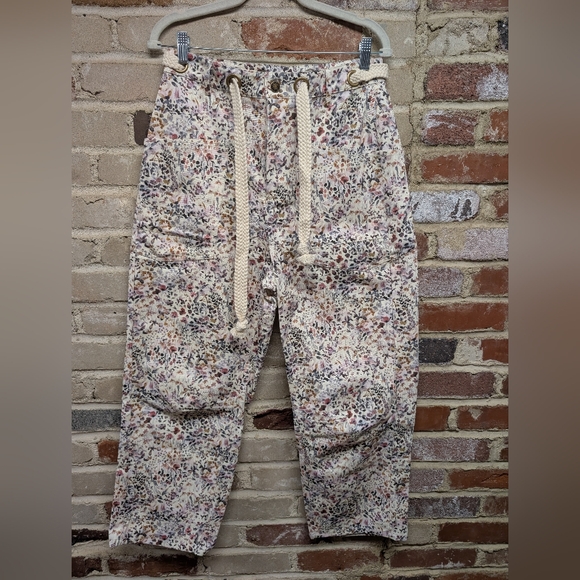 lovlov Denim - NWT Floral Drawstring Button-Front Barrel Jeans- Cream Multi Floral